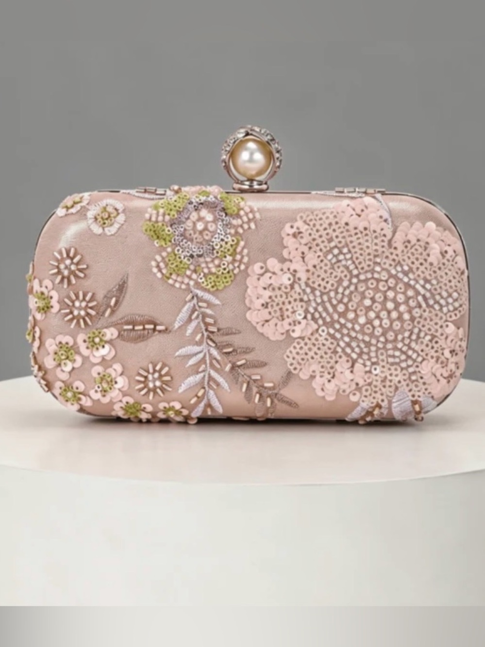 Embellished Pink Floral Pearl-Clasp Evening Clutch